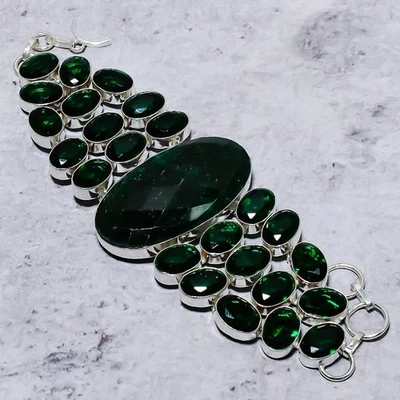 Emerald(Simulated)  Peridot Handmade 925 Sterling Silver Bracelet 7-8" V662 - Image 1 of 4