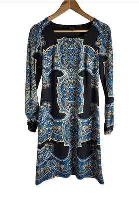 INC синий черный и бежевый пейсли печать длинным рукавом Shift платье собранными в Рюш манжеты Sz S - Изображение 1 из 4