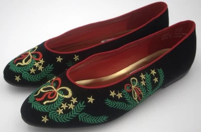 Mootsies Tootsies Terciopelo Navidad Zapatos Planos Negro Bordado Estrellas Arcos 6.5M Foto 1 de 4
