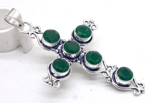 925 Sterling Silver Green Emerald Gemstone jewelry Handmade Cross Pendant - Picture 1 of 2