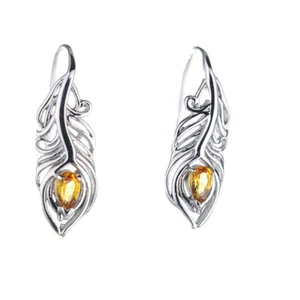 Sterling Silver Citrine Earrings Dangle Peacock Feather November Birthstone - Picture 1 of 11
