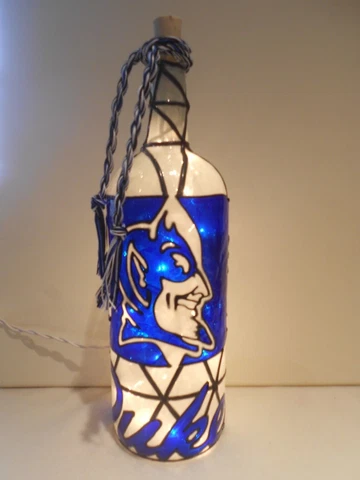 Duke University Inspired Hand painted Wine Bottle Lighted Stained Glass look Cover
