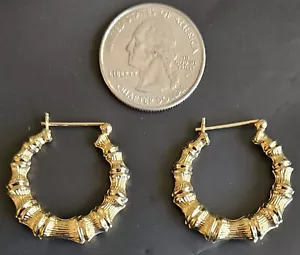 14K Yellow Gold Pierced Vintage Earrings 3.3 Grams Bamboo Pattern - Picture 1 of 3