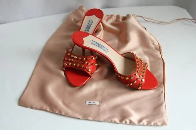 Sandalias de tacón de gatito Prada rojo/coral dorado talla 36/6. RARO Precioso/Cómodo Foto 1 de 4
