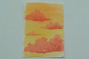 ACEO Original Art Card, Cute Red Cherry Clouds, Simple Watercolor, Hand Painted - Picture 1 of 4