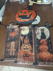 Halloween Harvest VintageStyle Jack-o'-lantern Pillow And Wall Decor Lot - Picture 1 of 7