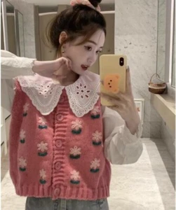 Gilet Donna Ragazze Kawaii Ricamo Fiore Maglia + Camicia Lolita Giapponese - Foto 1 di 15