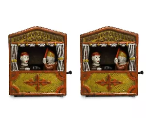 ANTIQUE / VINTAGE STYLE CAST IRON MECHANICAL PUNCH AND JUDY MONEY BOX BANK 2 Pc - Picture 1 of 7