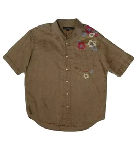 Sean John Mens Linen Hawaiian Shirt Size Large Floral Print Olive Green Logo - Picture 1 of 8