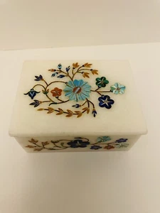 marble jewelry box wirh semi precious stone floral inlay handmade - Picture 1 of 5