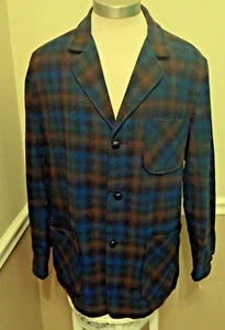 60s VTG Pendleton 49er Jacket Teal Black Wool Shadow Plaid Leather Buttons M - Picture 1 of 7