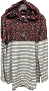 NWT LuLaRoe XL Gray White Striped & Dainty Floral Amber Hooded SWEATSHIRT - Picture 1 of 10