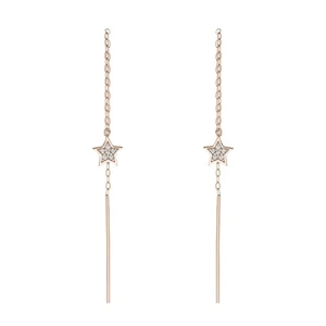 Women 14K Rose Gold Hand Made CZ Star Threader Drop Earrings - Picture 1 of 3