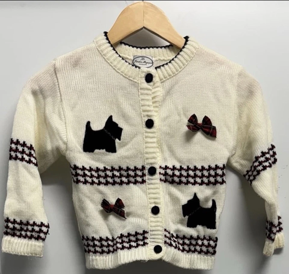 Suéter Cárdigan Terrier Escocés Vintage Niñas por Le Jardín Magique Blanco Foto 1 de 3