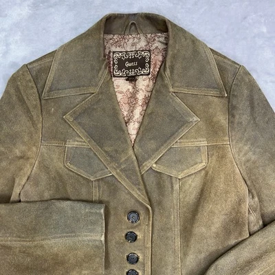 Винтажный GUESS замшевое пальто женщин большой кожаный кнопка вверх с подкладкой куртка коричневый Y2K - Изображение 1 из 4