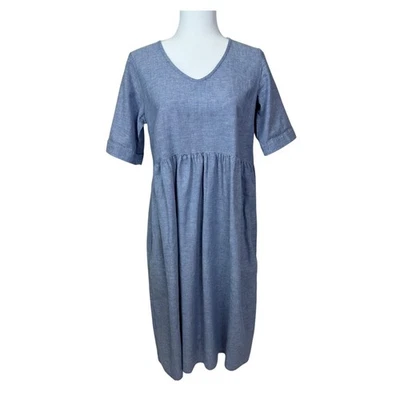 Goddess Gear Women's Blue Denim Short Sleeve Midi Sun Dress w/ Pockets Size S - Image 1 of 4