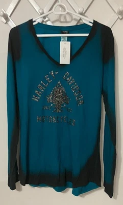 Harley-Davidson Outer Banks NC Women’s XL Long Sleeve Teal Black Motorcycle Top - Image 1 of 4
