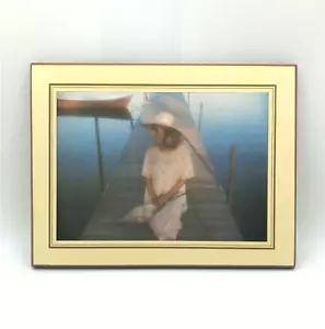 Art Print of Young Woman on a Pier with Hat and Umbrella. Mounted - Imagen 1 de 5
