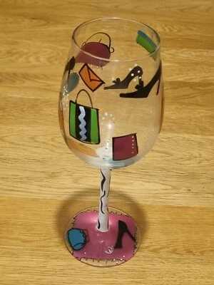 LOLITA SHOPAHOLIC TOO SHOPPING HANDBAGS SHOES COLOURFUL HAND PAINTED WINE GLASS - Image 1 of 4