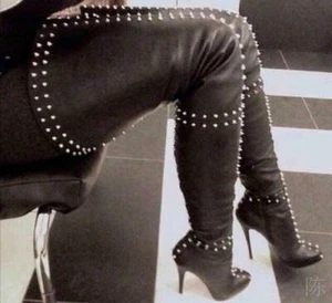 Ladies Studded Over The Knee Thigh Boot High Heel Motor Stiletto Spikes shoe New - Picture 1 of 3