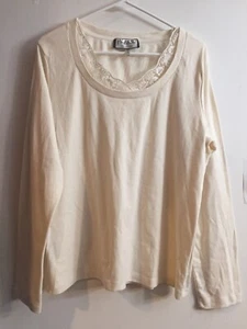 Vtg Mary McFadden Collection Womens Sz XL Ivory Embroidered Neck Long Sleeve Top - Picture 1 of 8