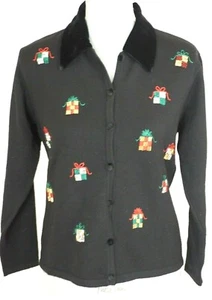 TALBOTS Black Beaded Wool Christmas Cardigan - Cuello de terciopelo - Pequeño - Imagen 1 de 5