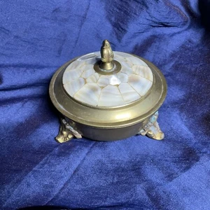 Antique Brass Nacre Brass Box Mother Of Pearl Lid Jewelry Keepsake Box - Picture 1 of 16
