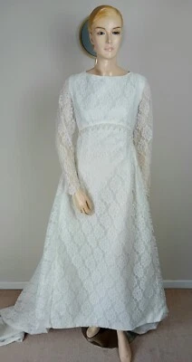 VINTAGE 60S WHITE LACE REGENCY PRIDE & PREJUDICE STYLE WEDDING DRESS 8 10 - Image 1 of 4