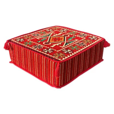 Handmade Moroccan Bohemian Kilim Pouffe Cover 24" x 24" - Ottoman Footstool - Image 1 of 4