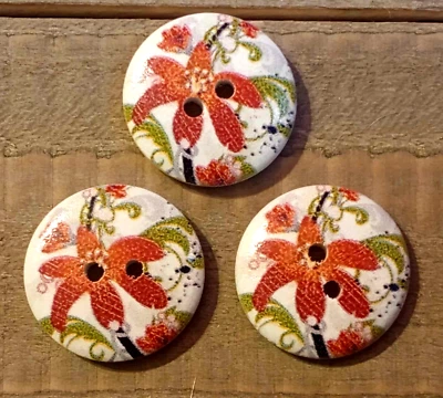 3 Red Flower Sewing Buttons Crafting Wood 2 Hole .75"  - Image 1 of 2