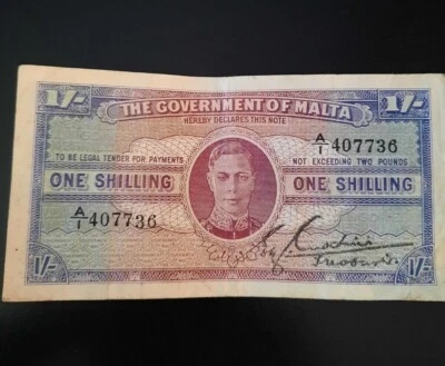 Billete británico de un chelín de Malta de la Segunda Guerra Mundial de 1943 edición del gobierno británico de Malta Foto 1 de 2
