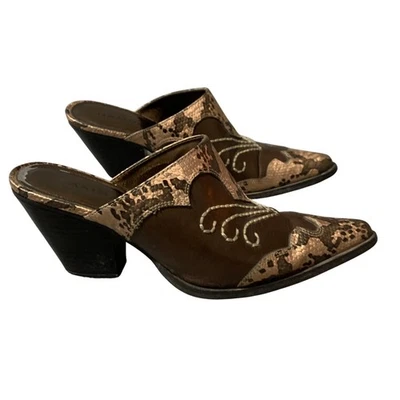 Rampage Riley Western Mules Mujer 6 M Estampado Serpiente Marrón Punta Punta Tacón Bloque Foto 1 de 4