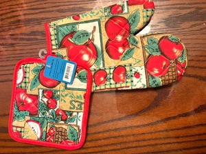 Oven mit and pot holder with apples new cotton - Picture 1 of 5