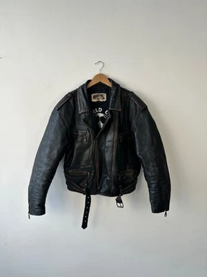 RARE Vtg Newport World Cup 1994 Leather Biker Jacket XL Distressed Lining Print - Image 1 of 4