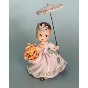 Vintage 1950s Ucagco Parasol Girl Ceramic Figurine • Lavender Spaghetti Trim￼ - Picture 1 of 12