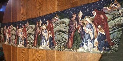 Nice Christmas Table Runner Tapestry Nativity Scene 13" x 70" India - Image 1 of 4