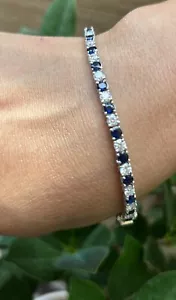 7.50 Ct Round Natural Sapphire Diamond Line Tennis Bracelet 14K Real White Gold - Picture 1 of 11