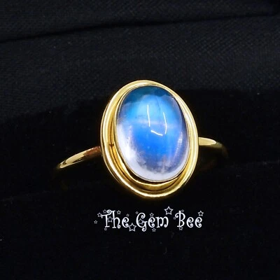 18k 纯金蓝色闪光月光石凸圆形永恒戒指 尺寸 7 — 第 1/4 张图片