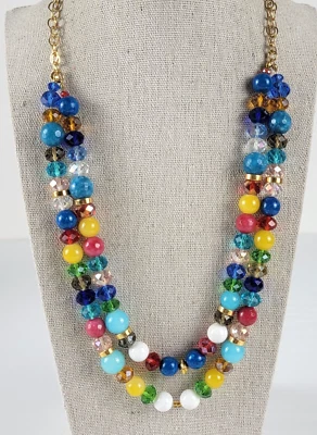 Collar Colorido Doble Hilo Vidrio Y Ágata Cuentas Capas 22 en Tono Dorado Foto 1 de 4