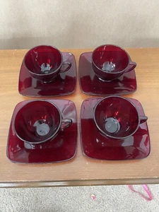 Vintage Set Of For Ruby Red Cups & Square Plates Unknown Brand  - Picture 1 of 14
