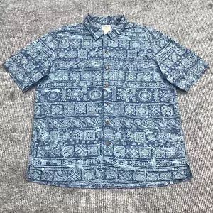 LL Bean Button Up Shirt Mens L Blue Short Sleeve Hawaiian Aztec Geometric AOP - Picture 1 of 9
