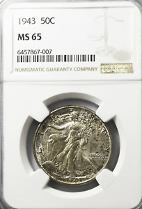 1943 50c Walking Liberty Silver Half Dollar Fifty Cents NGC MS65