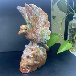 3.95LB Natural ocean jaspe Quartz Carved eagle Skull Crystal Reiki Healing decor - Picture 1 of 10