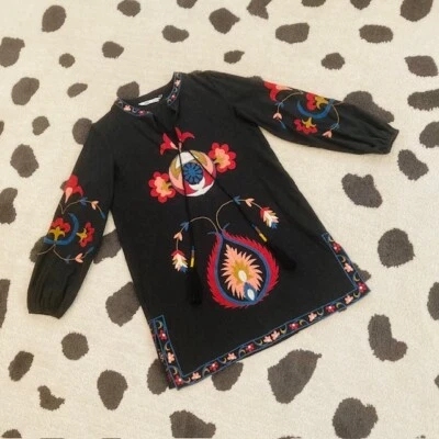 Zara Womens Small Black Multi Embroidered Bead Tassel Tunic Dress Boho Cover Up - Image 1 of 4
