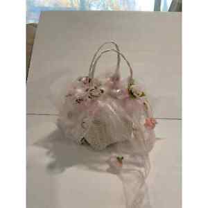 White Flower Girl Basket with Pink and White Ribbon