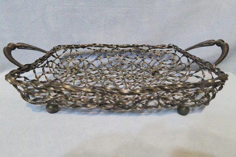 Vintage Oblong Twisted Wire Metal Basket Carrier or Caddy 2 Handles Footed Black Cover