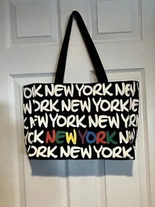 NWT~ ROBIN RUTH~New York ~Medium Canvas Neon Tote Bag~Black-White-Rainbow - Picture 1 of 8