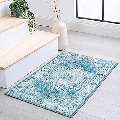  Alfombrilla de puerta de bienvenida 2x3 pies, alfombras pequeñas lavables azul blanco, bohemia vintage  Foto 1 de 4