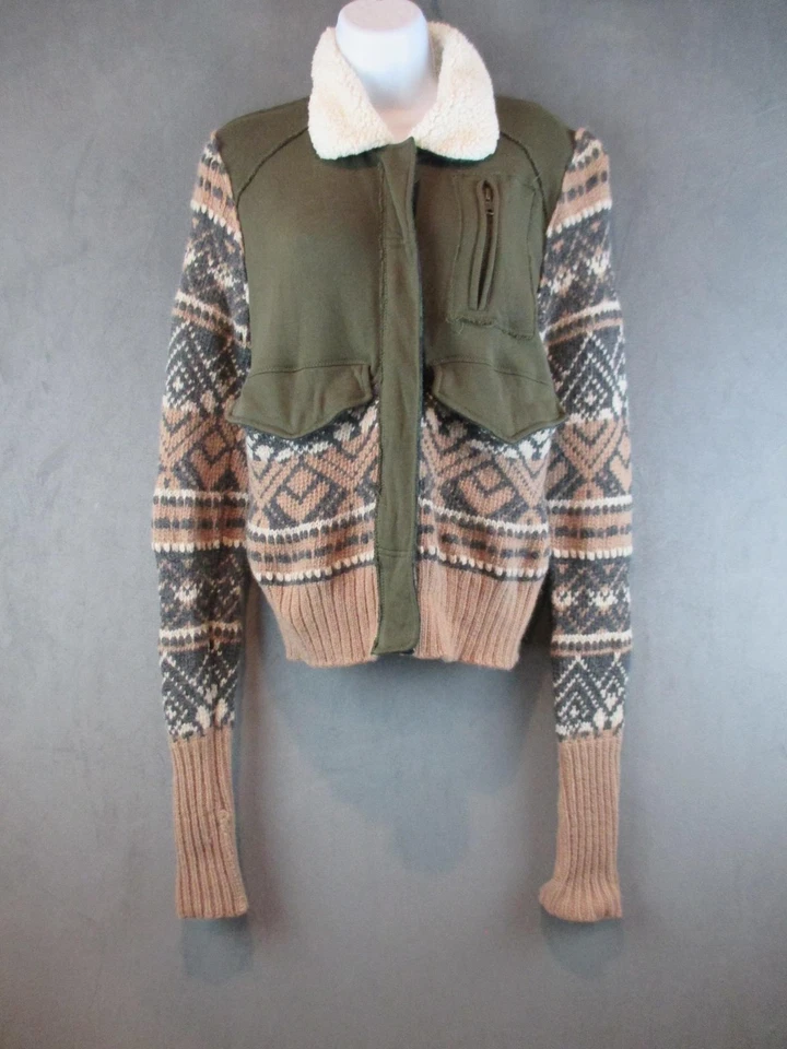 Chaqueta Free People We The Free Mujer Pequeña Verde Fair Isle Sherpa Tejida Cremallera Completa Foto 1 de 4
