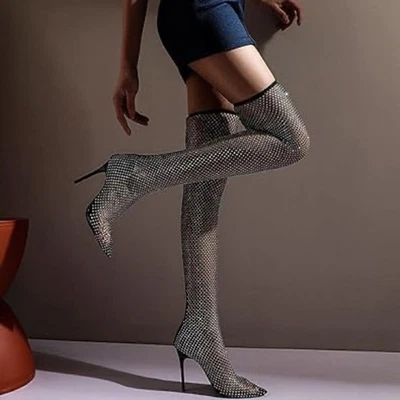 Damas Talla 44 Stiletto Tacón Alto Sobre la Rodilla Negro Red Malla Gema Estrás Foto 1 de 4